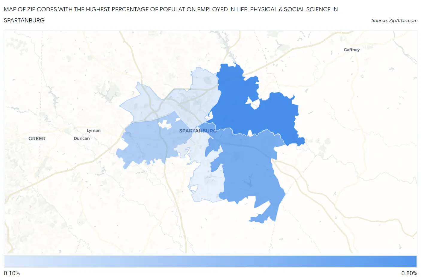 Zip Codes with the Highest Percentage of Population Employed in Life, Physical & Social Science in Spartanburg Map