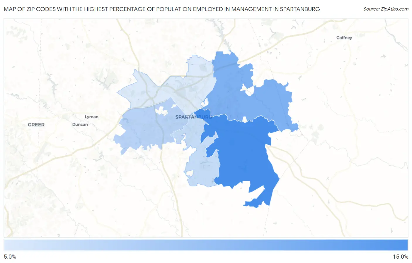 Zip Codes with the Highest Percentage of Population Employed in Management in Spartanburg Map