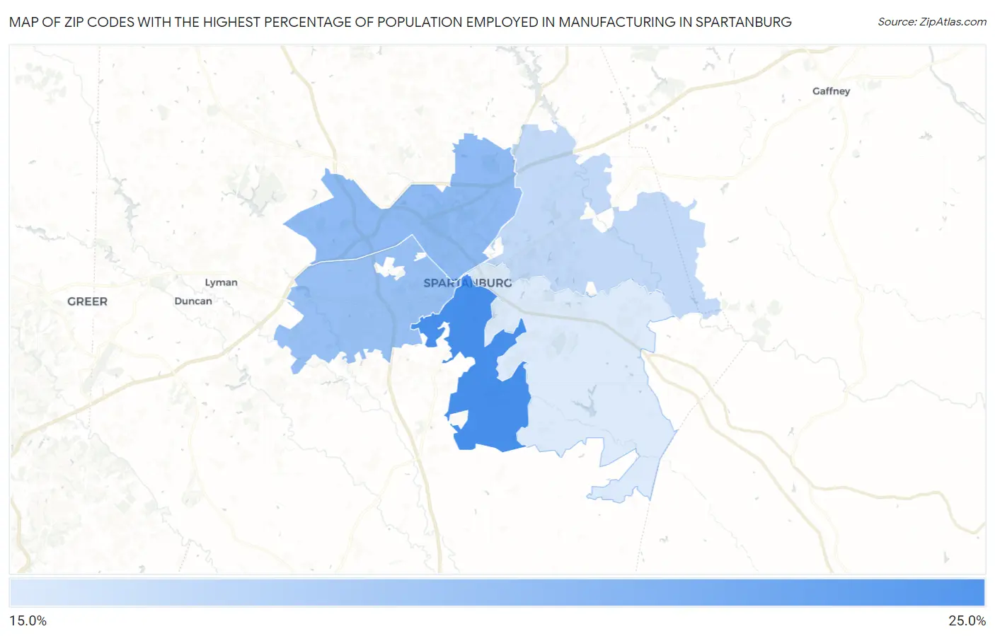 Zip Codes with the Highest Percentage of Population Employed in Manufacturing in Spartanburg Map