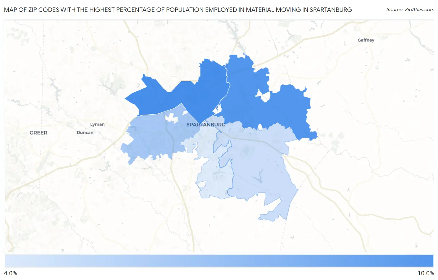 Zip Codes with the Highest Percentage of Population Employed in Material Moving in Spartanburg Map