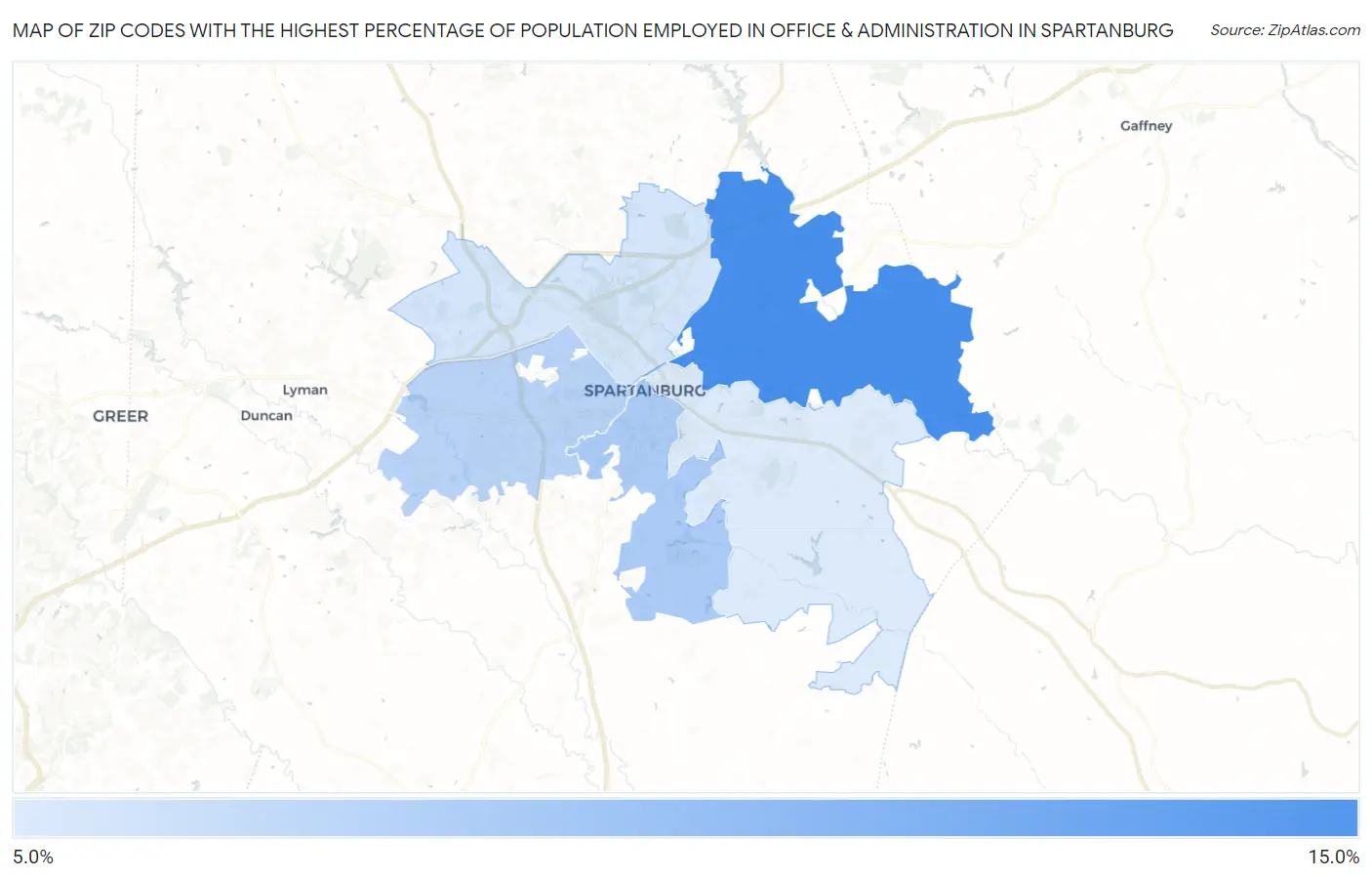 Zip Codes with the Highest Percentage of Population Employed in Office & Administration in Spartanburg Map