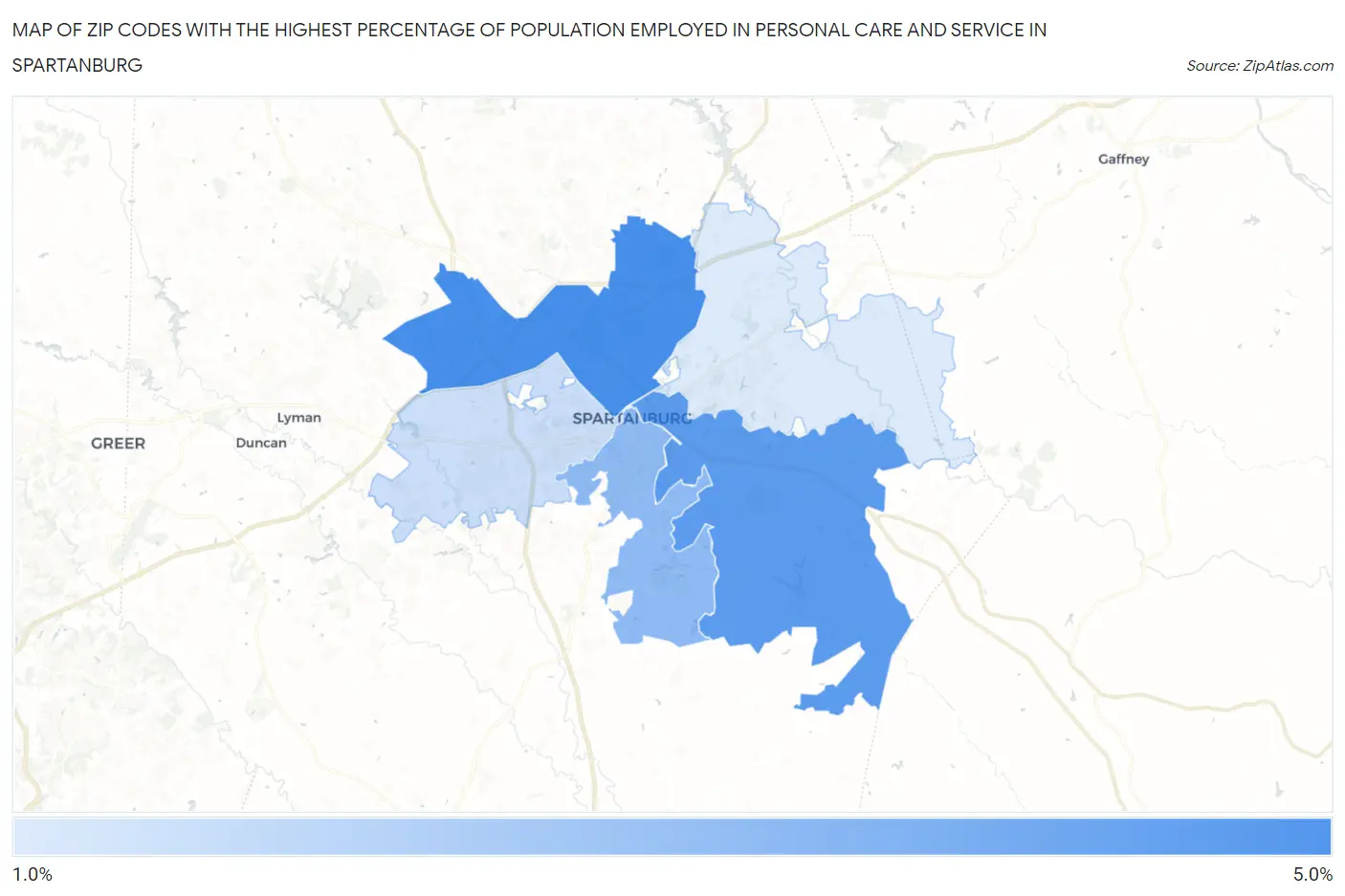 Zip Codes with the Highest Percentage of Population Employed in Personal Care and Service in Spartanburg Map