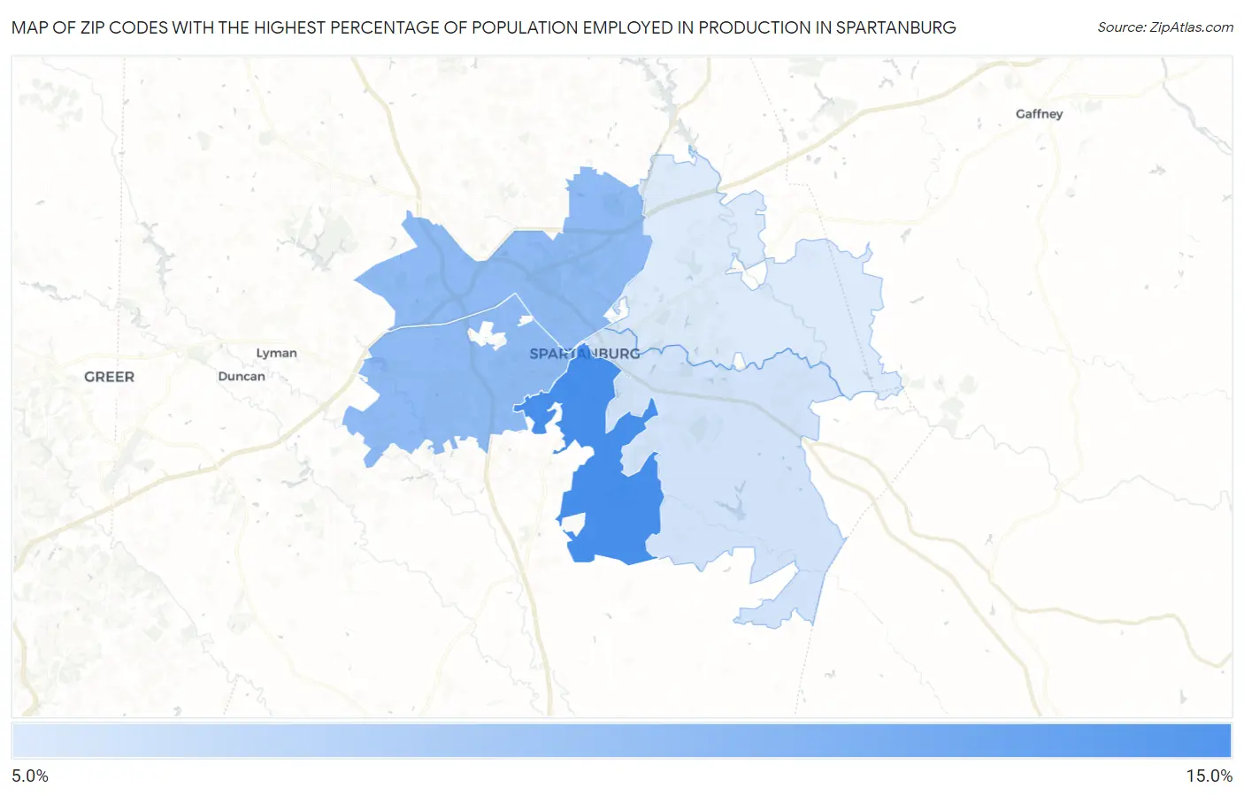 Zip Codes with the Highest Percentage of Population Employed in Production in Spartanburg Map
