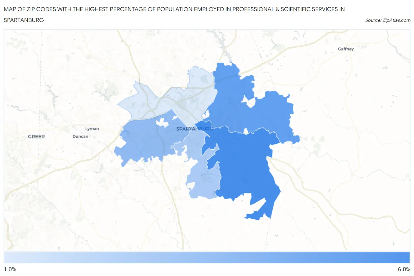 Zip Codes with the Highest Percentage of Population Employed in Professional & Scientific Services in Spartanburg Map