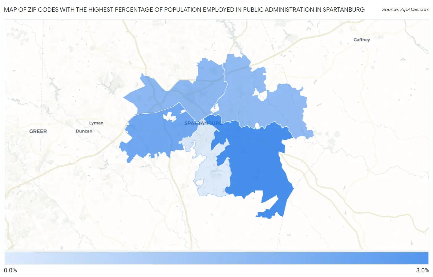 Zip Codes with the Highest Percentage of Population Employed in Public Administration in Spartanburg Map