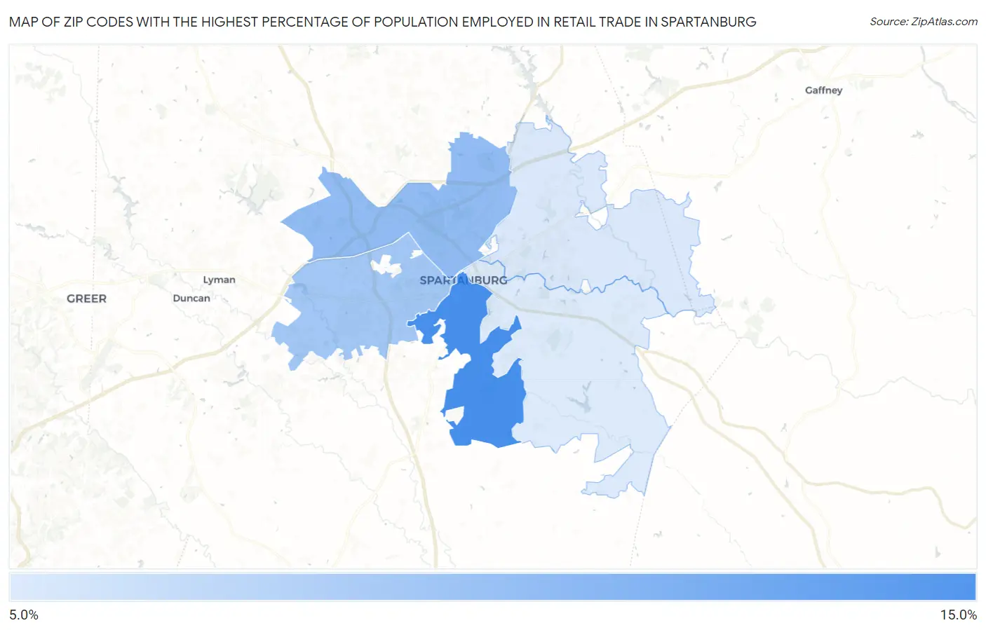 Zip Codes with the Highest Percentage of Population Employed in Retail Trade in Spartanburg Map