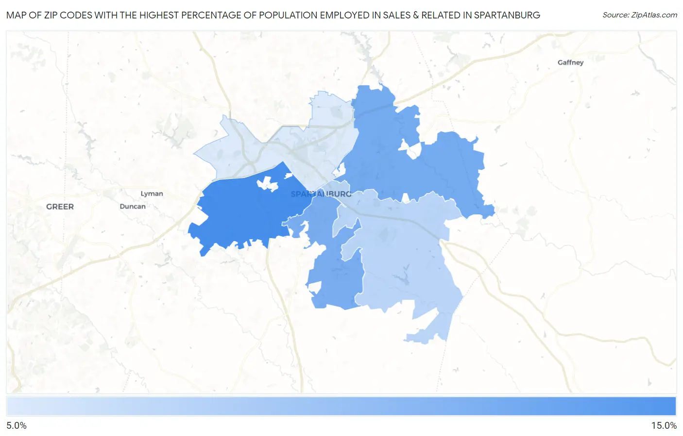 Zip Codes with the Highest Percentage of Population Employed in Sales & Related in Spartanburg Map
