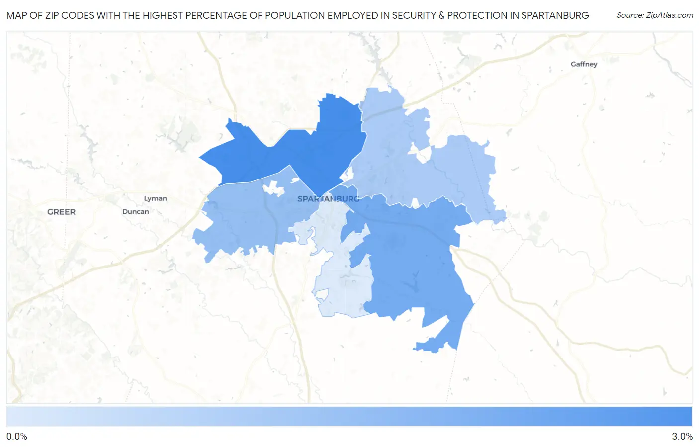 Zip Codes with the Highest Percentage of Population Employed in Security & Protection in Spartanburg Map