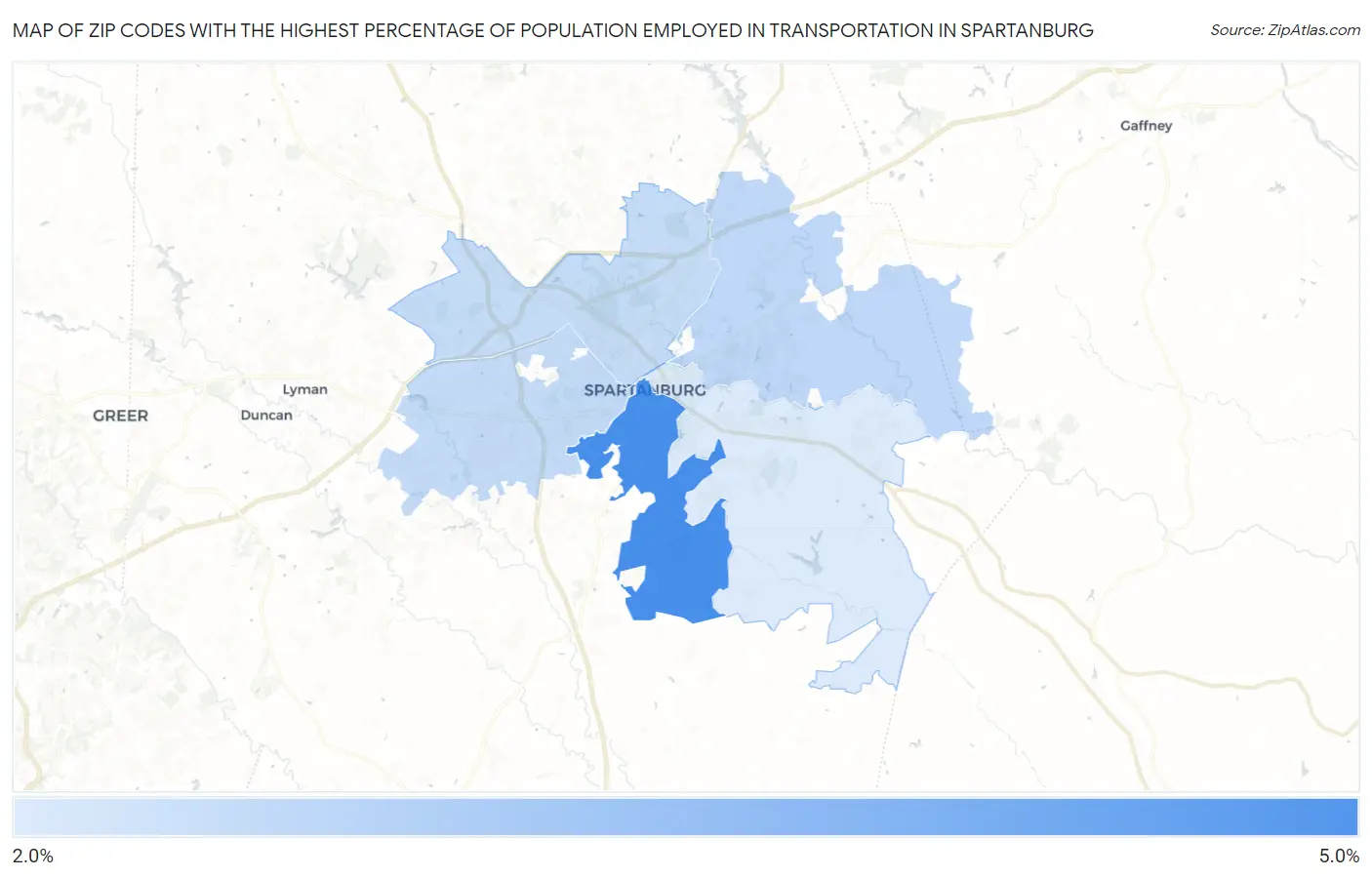 Zip Codes with the Highest Percentage of Population Employed in Transportation in Spartanburg Map