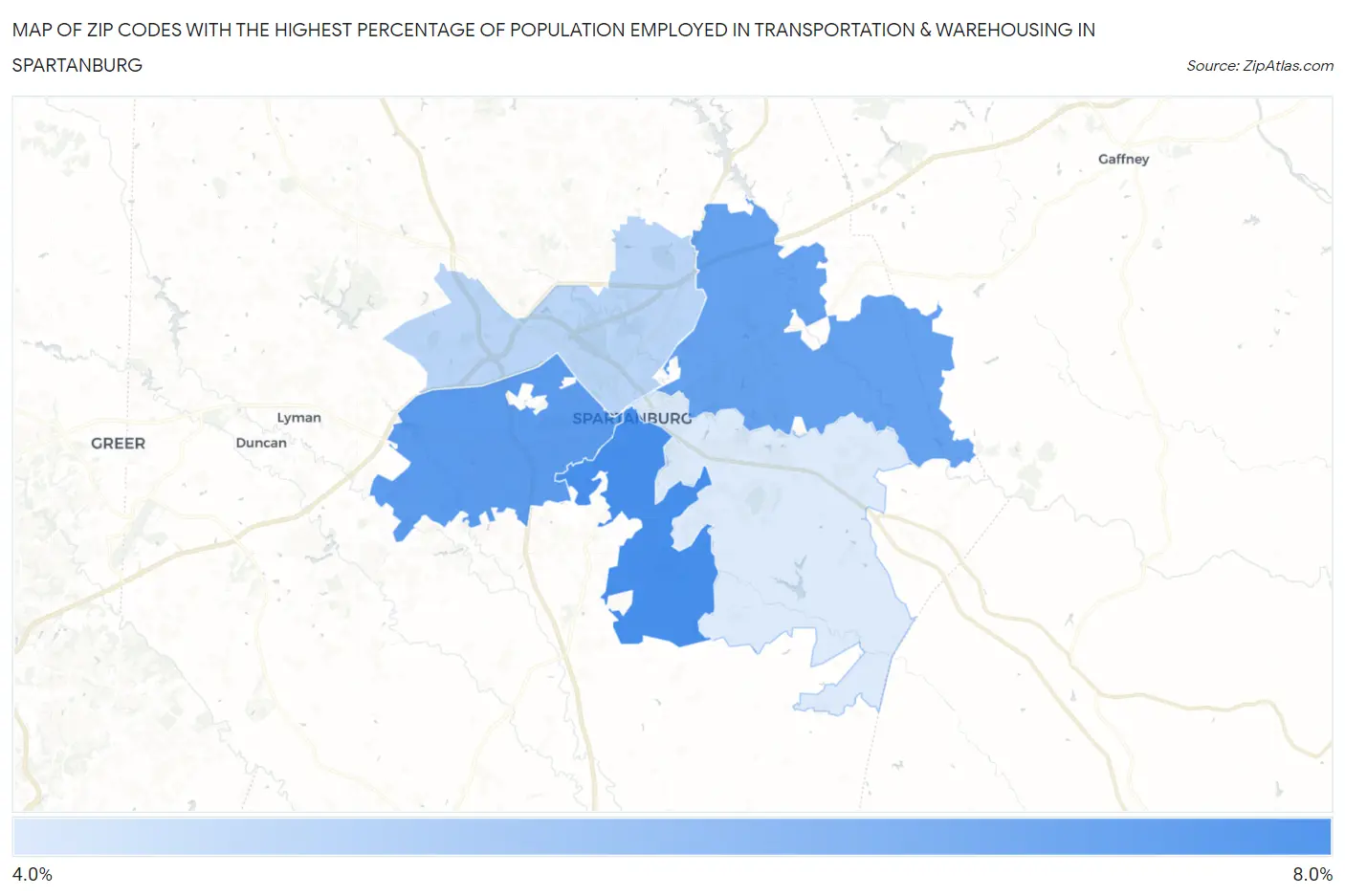 Zip Codes with the Highest Percentage of Population Employed in Transportation & Warehousing in Spartanburg Map