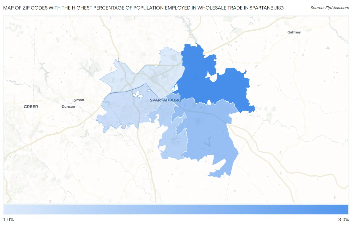 Zip Codes with the Highest Percentage of Population Employed in Wholesale Trade in Spartanburg Map
