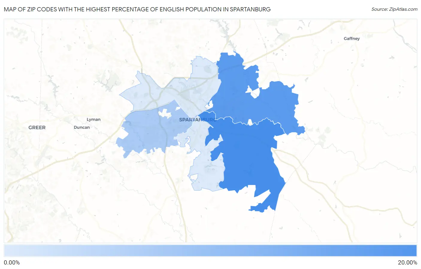 Zip Codes with the Highest Percentage of English Population in Spartanburg Map