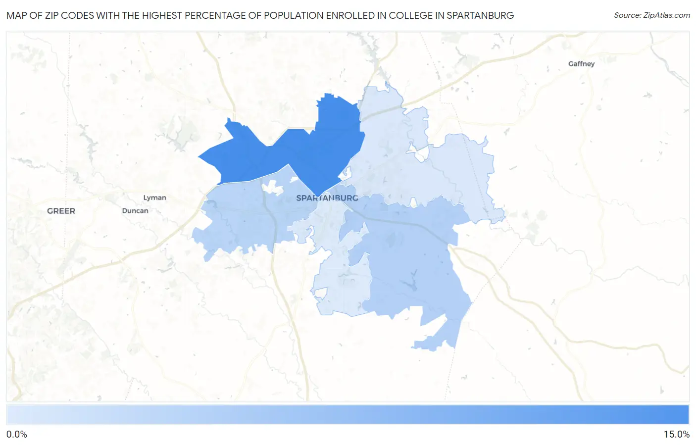 Zip Codes with the Highest Percentage of Population Enrolled in College in Spartanburg Map