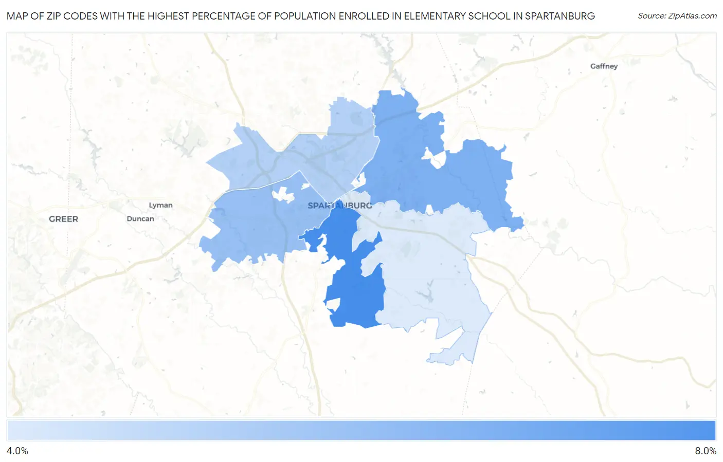 Zip Codes with the Highest Percentage of Population Enrolled in Elementary School in Spartanburg Map