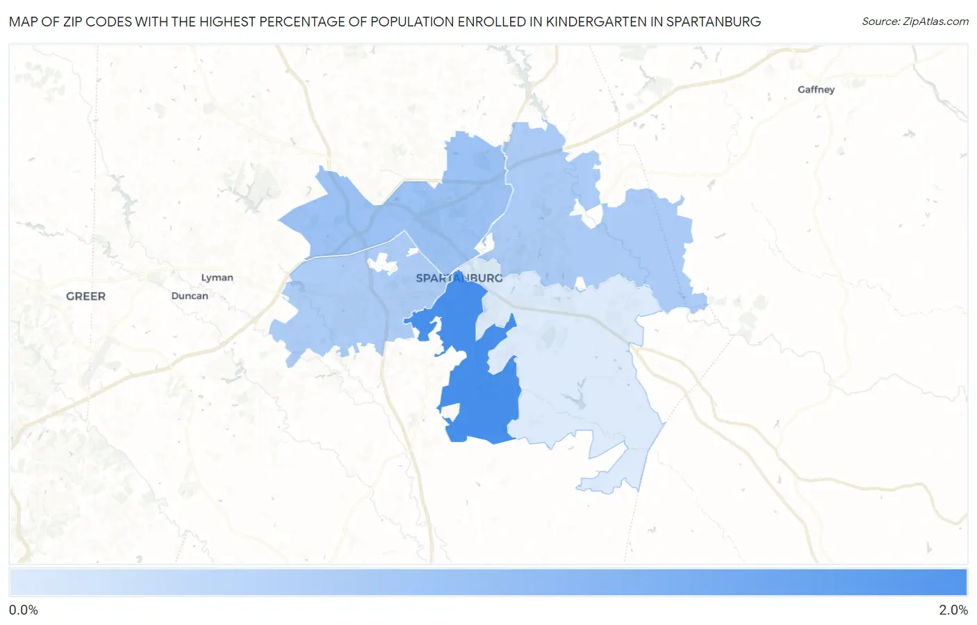 Zip Codes with the Highest Percentage of Population Enrolled in Kindergarten in Spartanburg Map