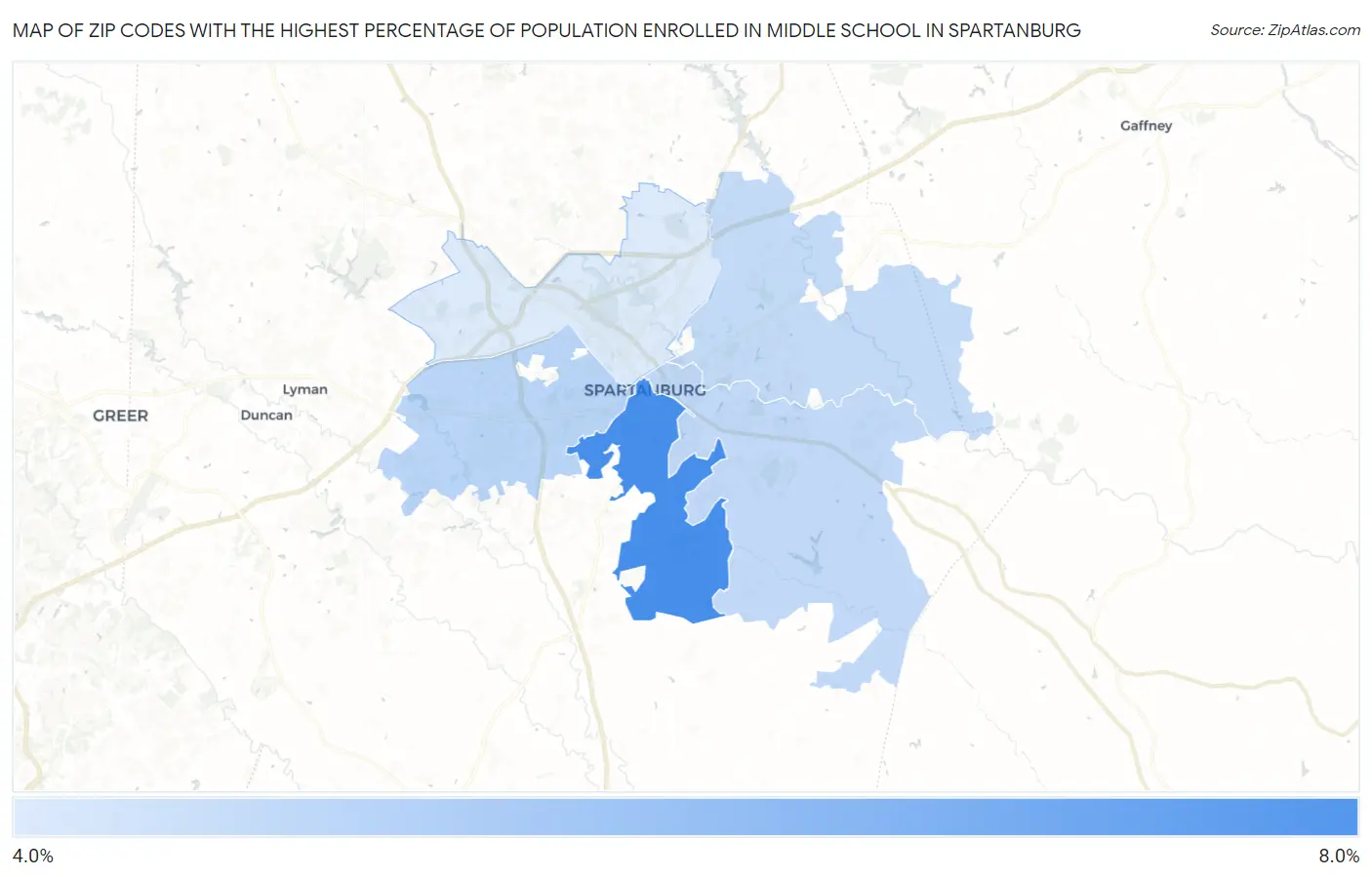 Zip Codes with the Highest Percentage of Population Enrolled in Middle School in Spartanburg Map