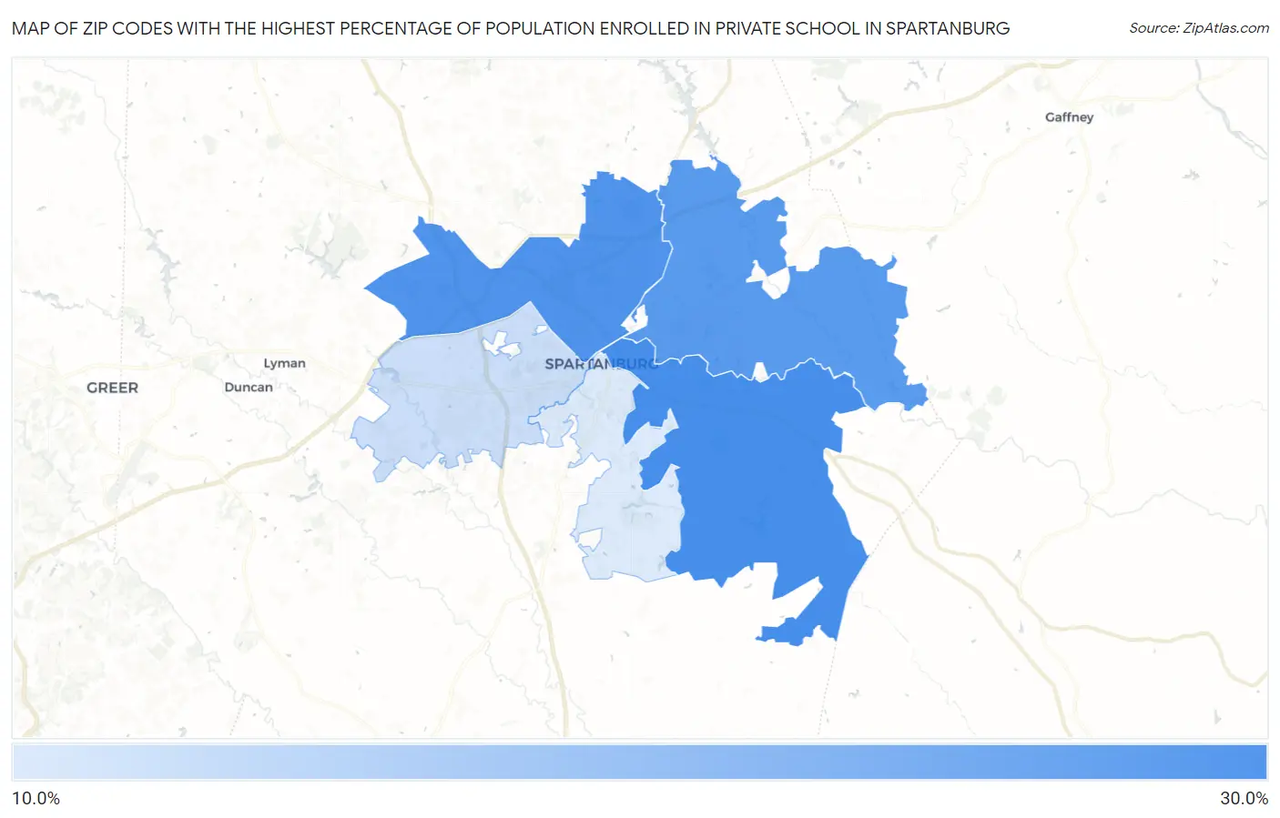 Zip Codes with the Highest Percentage of Population Enrolled in Private School in Spartanburg Map
