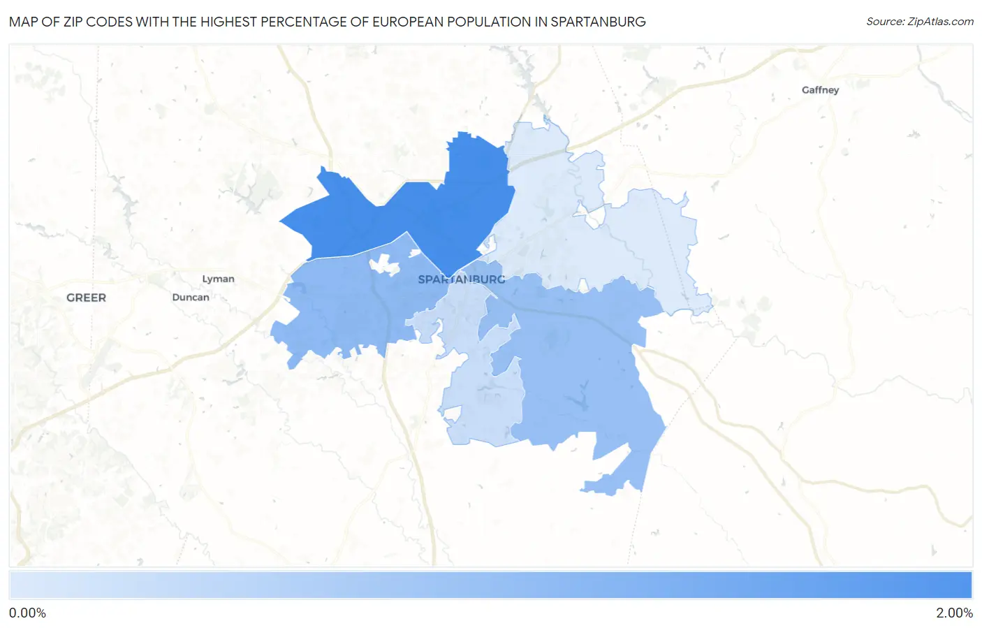 Zip Codes with the Highest Percentage of European Population in Spartanburg Map