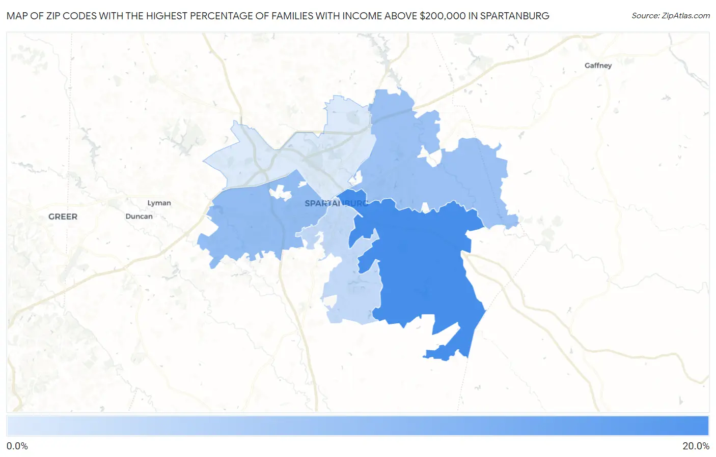 Zip Codes with the Highest Percentage of Families with Income Above $200,000 in Spartanburg Map