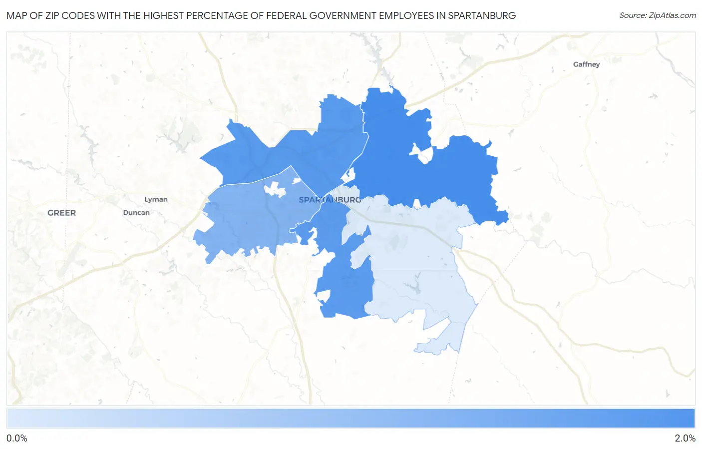 Zip Codes with the Highest Percentage of Federal Government Employees in Spartanburg Map