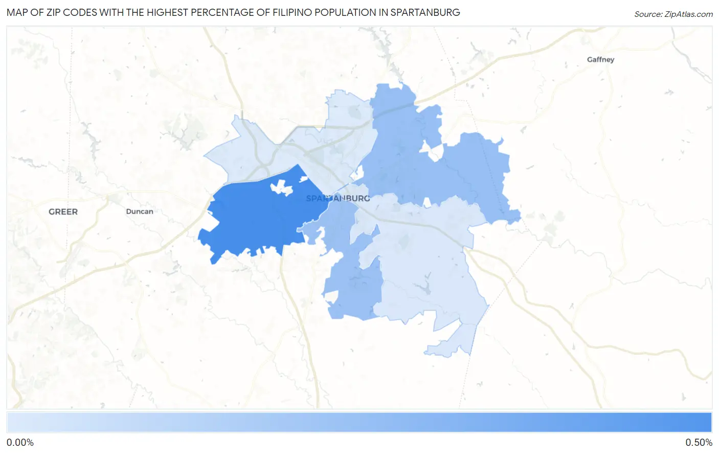 Zip Codes with the Highest Percentage of Filipino Population in Spartanburg Map