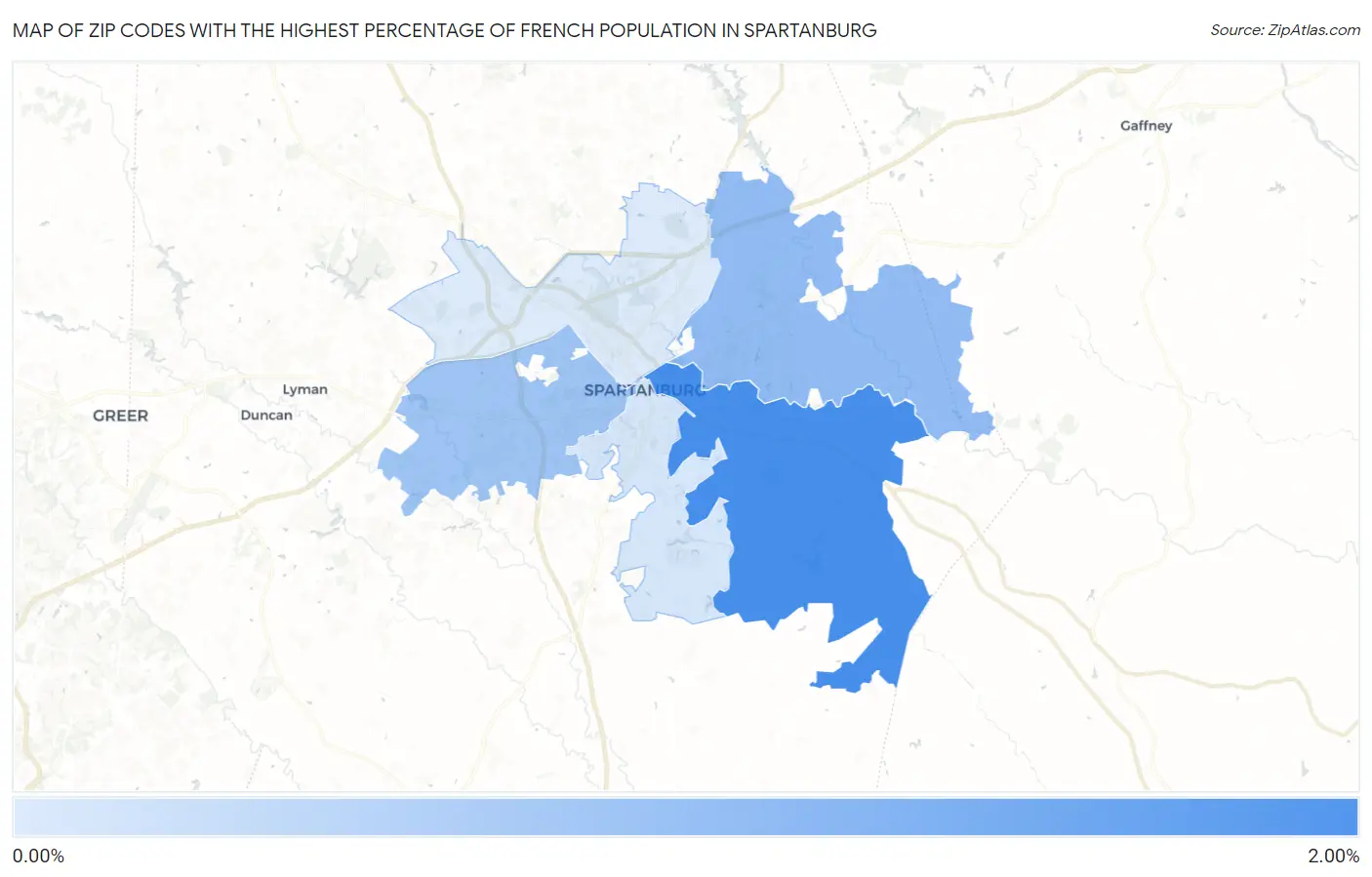Zip Codes with the Highest Percentage of French Population in Spartanburg Map