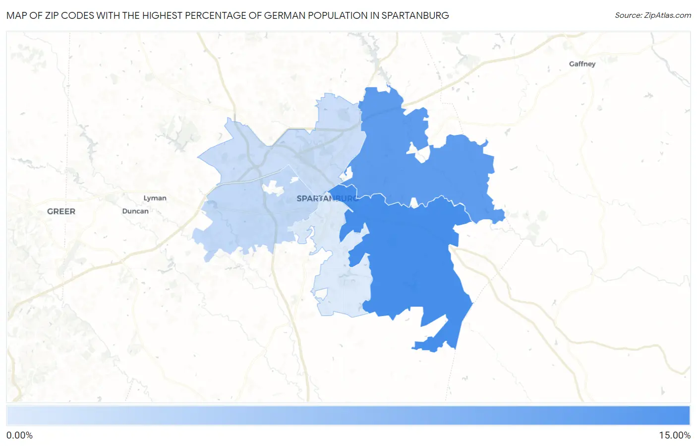 Zip Codes with the Highest Percentage of German Population in Spartanburg Map