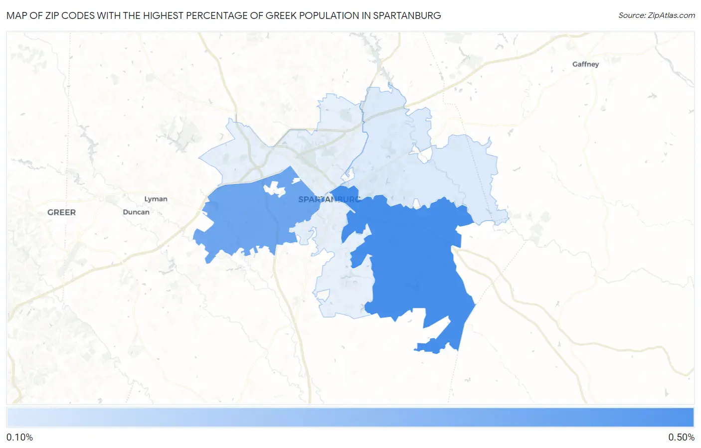 Zip Codes with the Highest Percentage of Greek Population in Spartanburg Map
