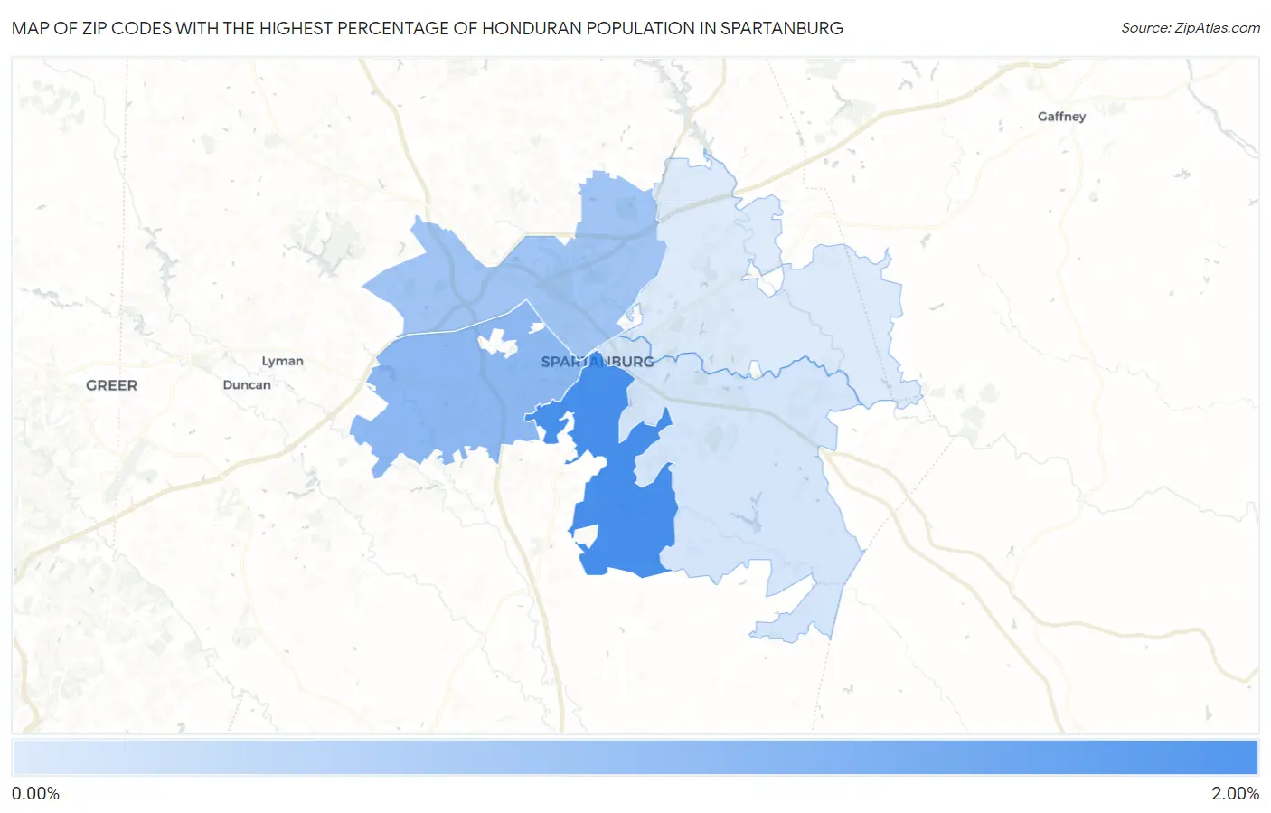 Zip Codes with the Highest Percentage of Honduran Population in Spartanburg Map