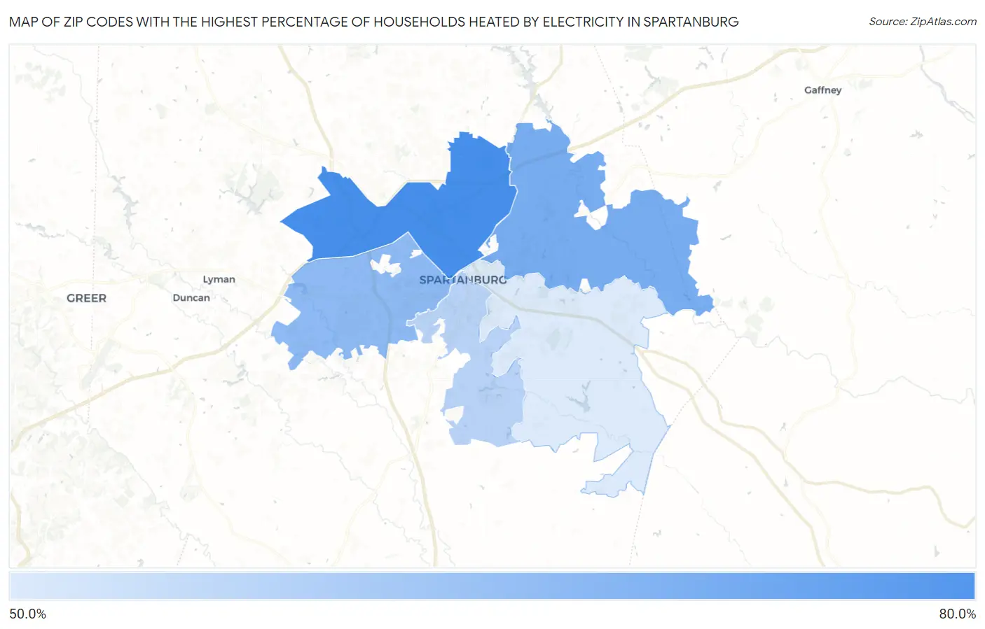 Zip Codes with the Highest Percentage of Households Heated by Electricity in Spartanburg Map