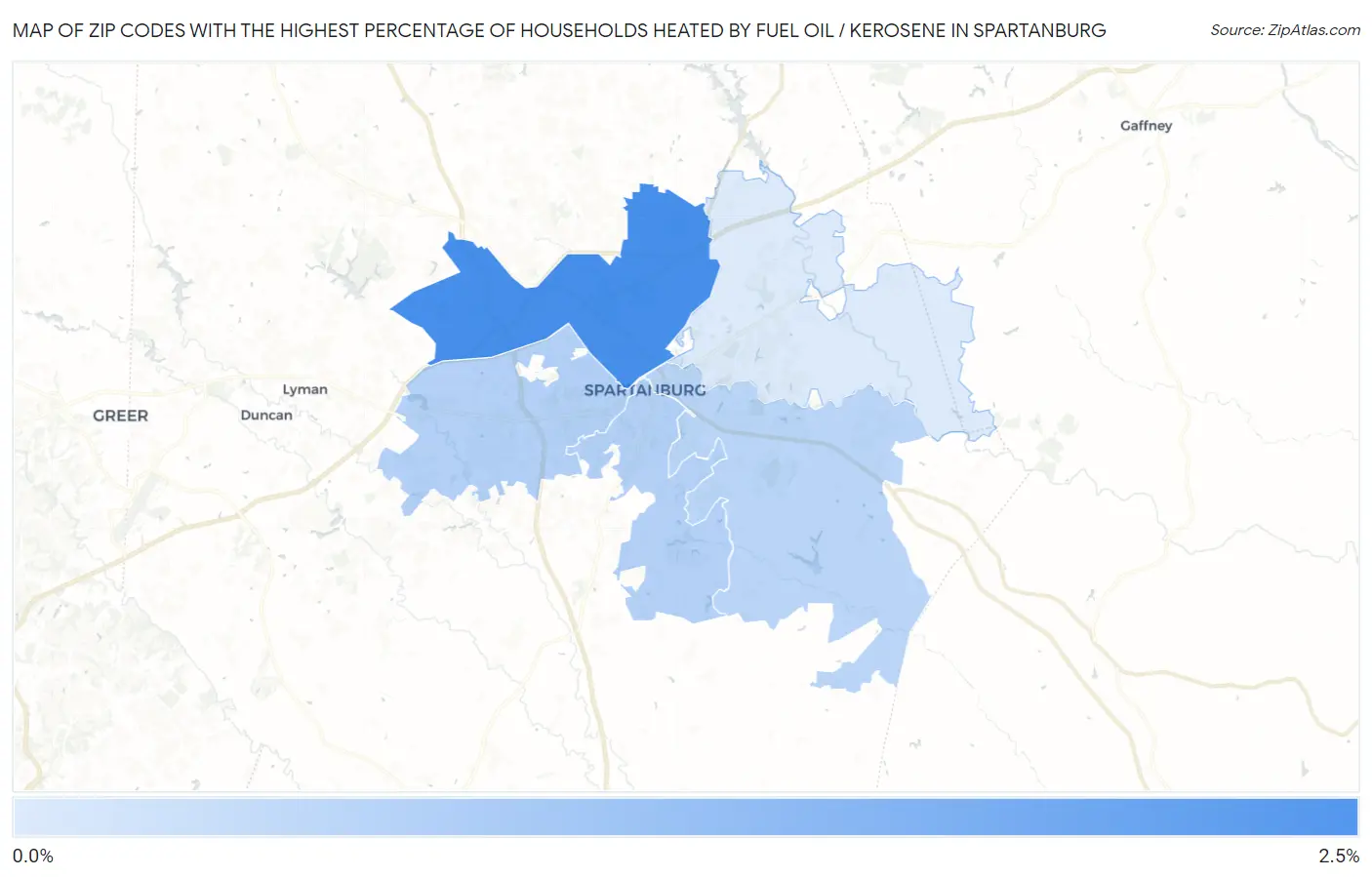 Zip Codes with the Highest Percentage of Households Heated by Fuel Oil / Kerosene in Spartanburg Map