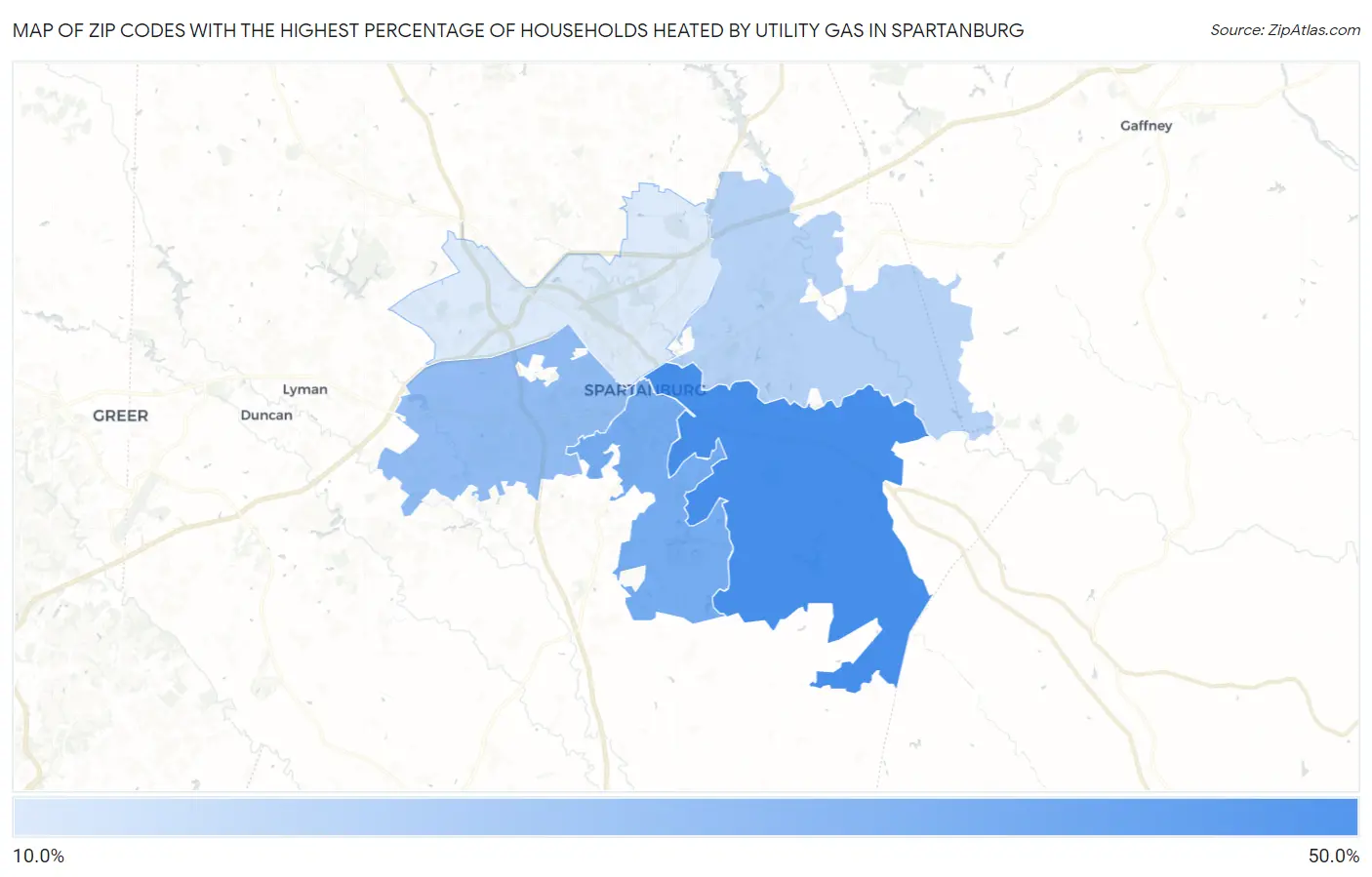 Zip Codes with the Highest Percentage of Households Heated by Utility Gas in Spartanburg Map
