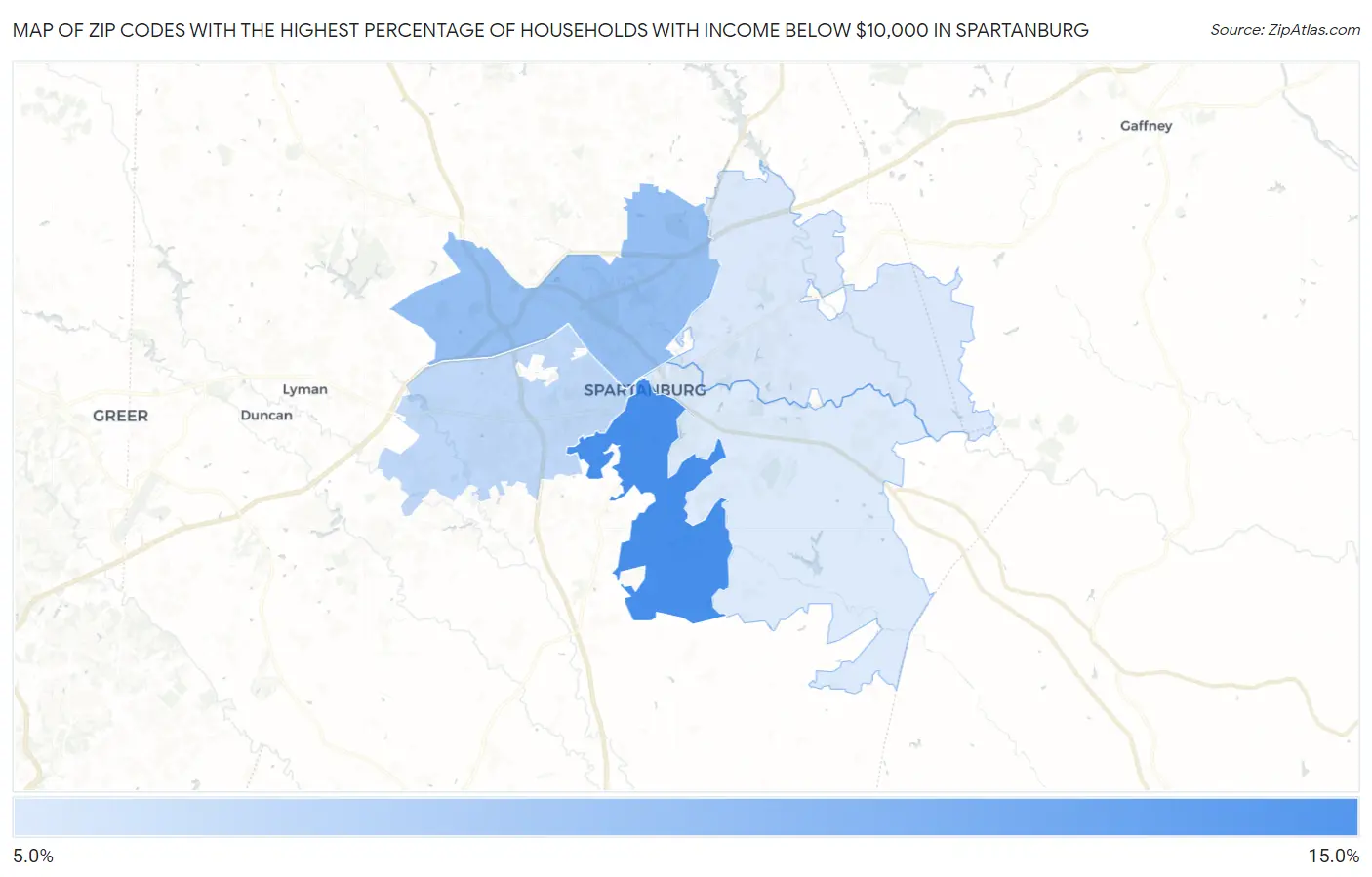 Zip Codes with the Highest Percentage of Households with Income Below $10,000 in Spartanburg Map