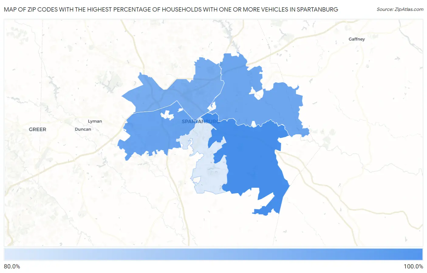 Zip Codes with the Highest Percentage of Households With One or more Vehicles in Spartanburg Map