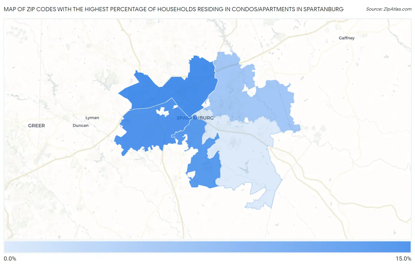 Zip Codes with the Highest Percentage of Households Residing in Condos/Apartments in Spartanburg Map