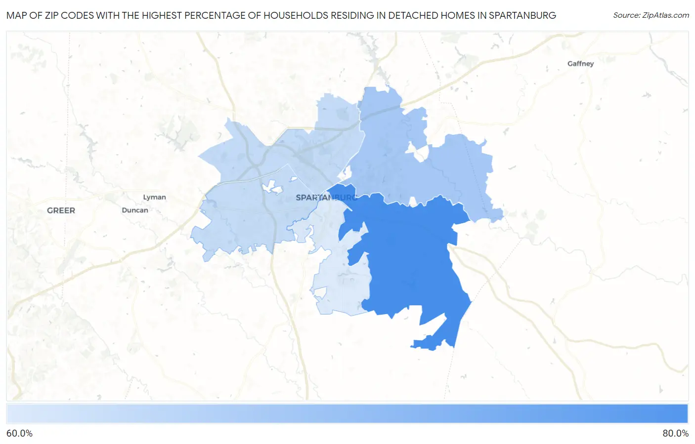 Zip Codes with the Highest Percentage of Households Residing in Detached Homes in Spartanburg Map