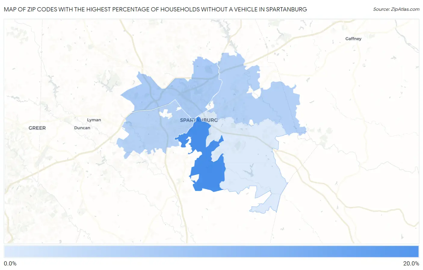 Zip Codes with the Highest Percentage of Households Without a Vehicle in Spartanburg Map