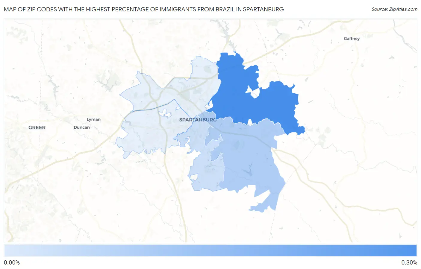 Zip Codes with the Highest Percentage of Immigrants from Brazil in Spartanburg Map