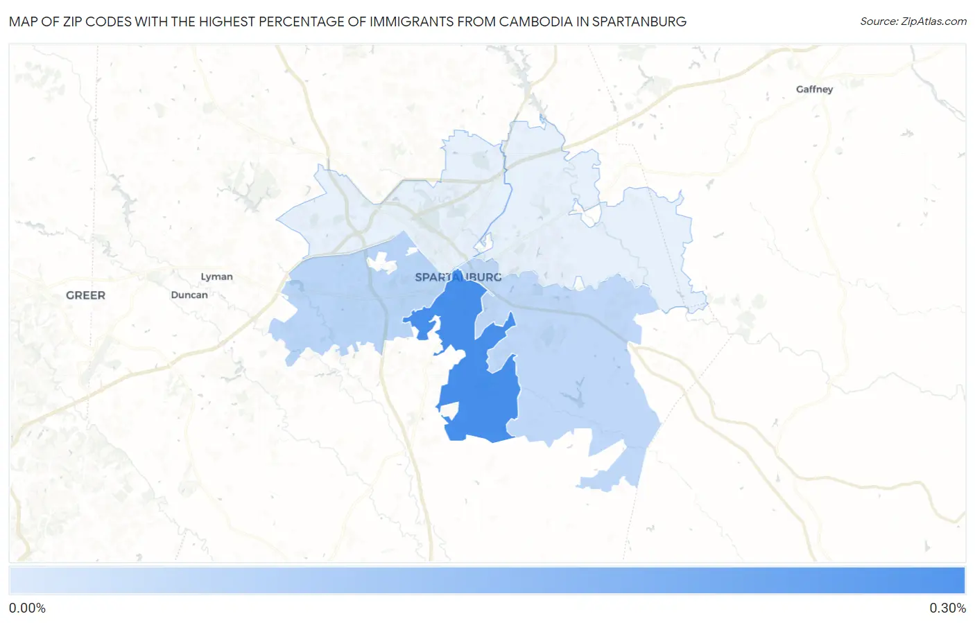 Zip Codes with the Highest Percentage of Immigrants from Cambodia in Spartanburg Map