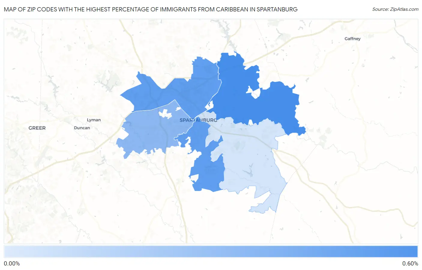 Zip Codes with the Highest Percentage of Immigrants from Caribbean in Spartanburg Map