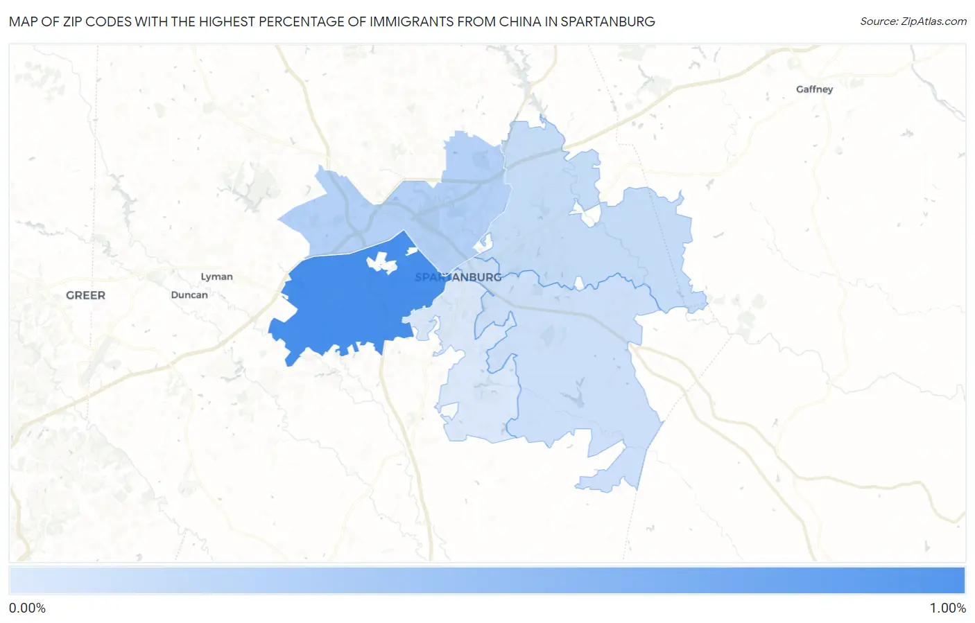 Zip Codes with the Highest Percentage of Immigrants from China in Spartanburg Map