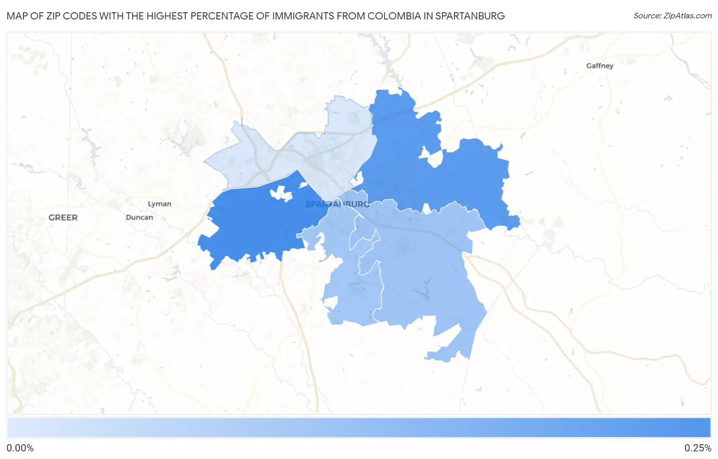 Zip Codes with the Highest Percentage of Immigrants from Colombia in Spartanburg Map