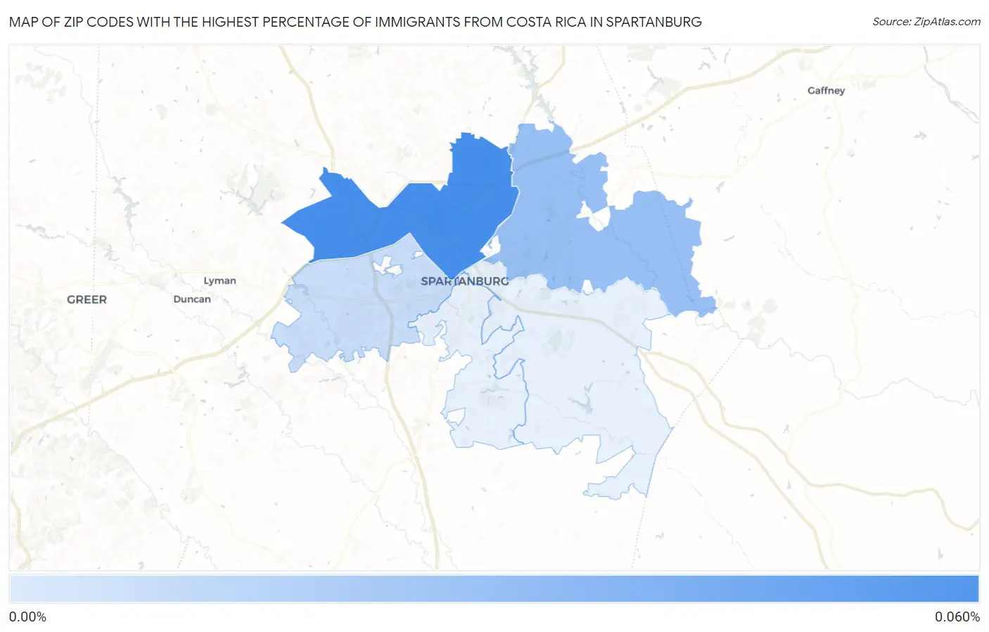 Zip Codes with the Highest Percentage of Immigrants from Costa Rica in Spartanburg Map