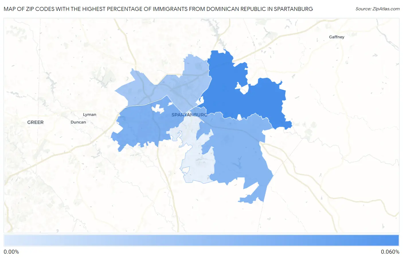 Zip Codes with the Highest Percentage of Immigrants from Dominican Republic in Spartanburg Map