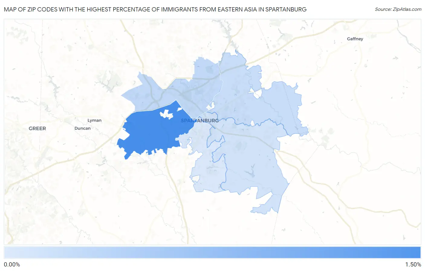 Zip Codes with the Highest Percentage of Immigrants from Eastern Asia in Spartanburg Map