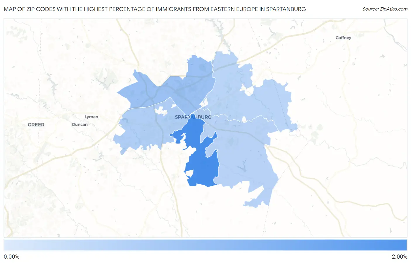 Zip Codes with the Highest Percentage of Immigrants from Eastern Europe in Spartanburg Map