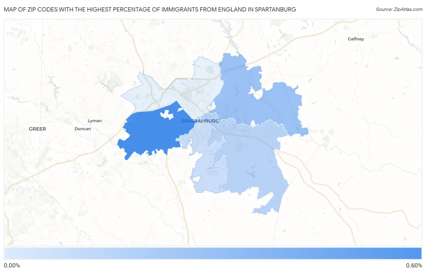 Zip Codes with the Highest Percentage of Immigrants from England in Spartanburg Map