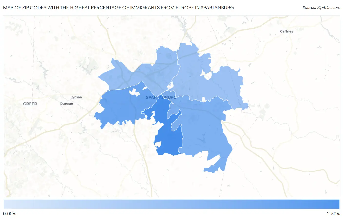 Zip Codes with the Highest Percentage of Immigrants from Europe in Spartanburg Map