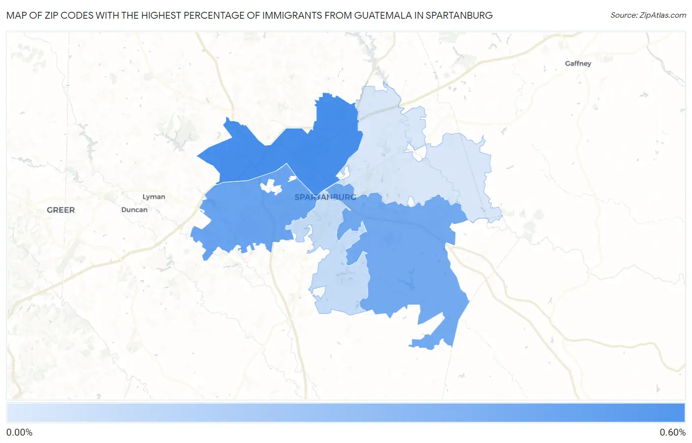 Zip Codes with the Highest Percentage of Immigrants from Guatemala in Spartanburg Map