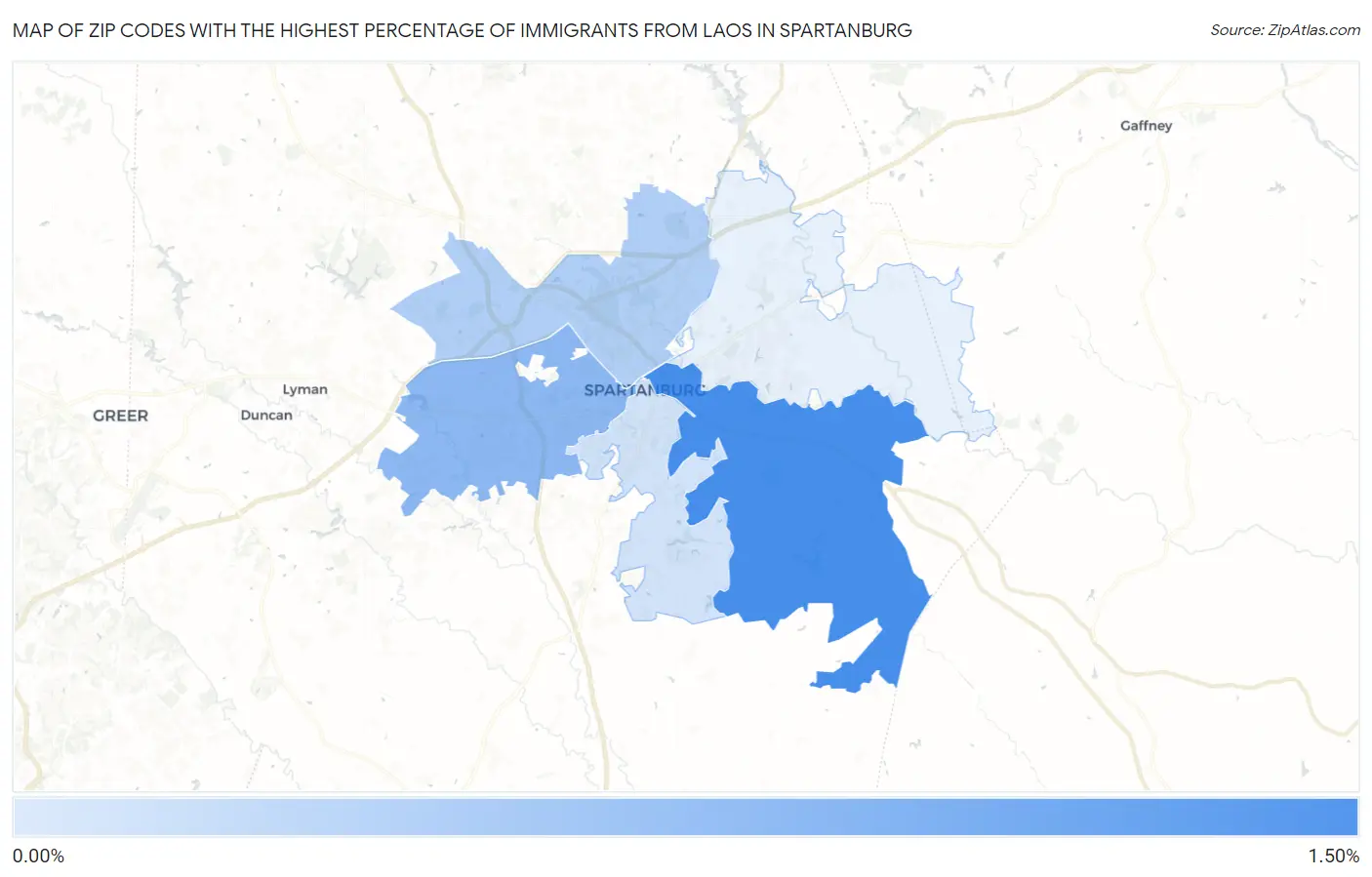 Zip Codes with the Highest Percentage of Immigrants from Laos in Spartanburg Map